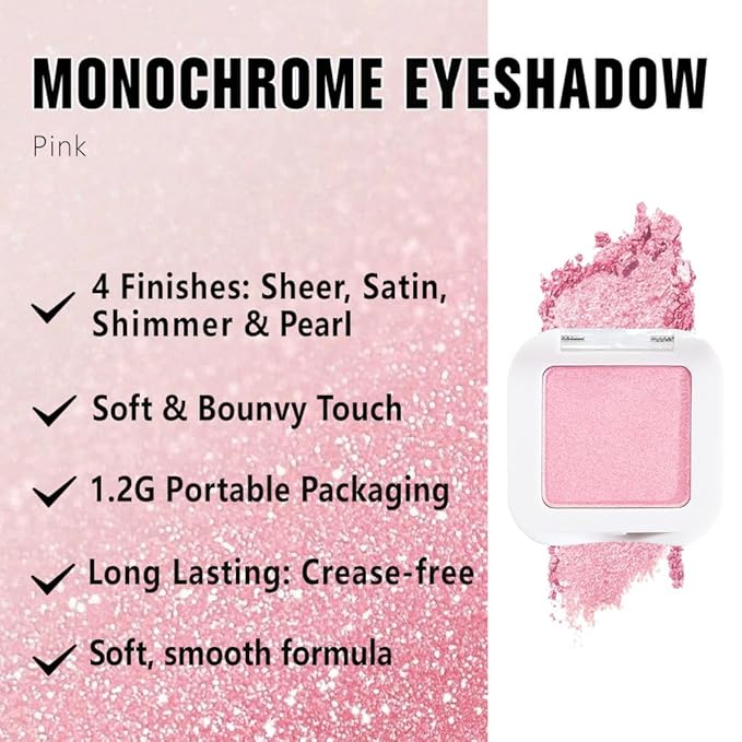 Pink Shimmer Single Eyeshadow Palette - Mini Eye Shadow in Pink | Shimmer & Glitter Makeup for Women | Highly Pigmented, Blendable Monochrome Powder Eye Shadow | Girls Eyeshadow Palette Gift