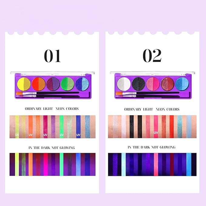2 Packs Water Activated Eyeliner Palette, Halloween Neon Rainbow Colorful Face Body Paint Colored Liner Makeup Matte Eyeliner with Eyeliner Brushes U V Glow Fluorescent Black White Paint Makeup Set