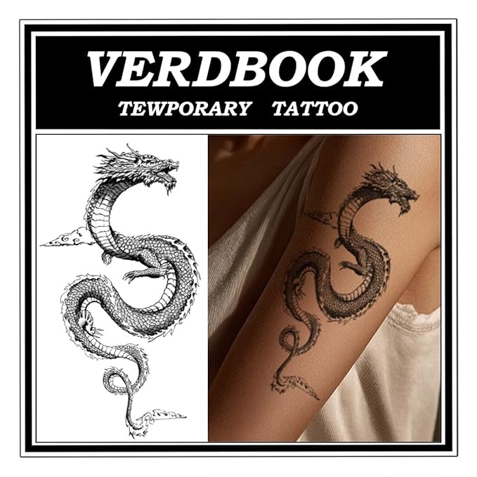 Waterproof Temporary Tattoos: 2-Sheet Tattoo Kit with Realistic Body Stickers, Semi-Permanent Tattoos for Adults Lasting 7-15 Days – Safe for Men & Women, Skyfire Dragon