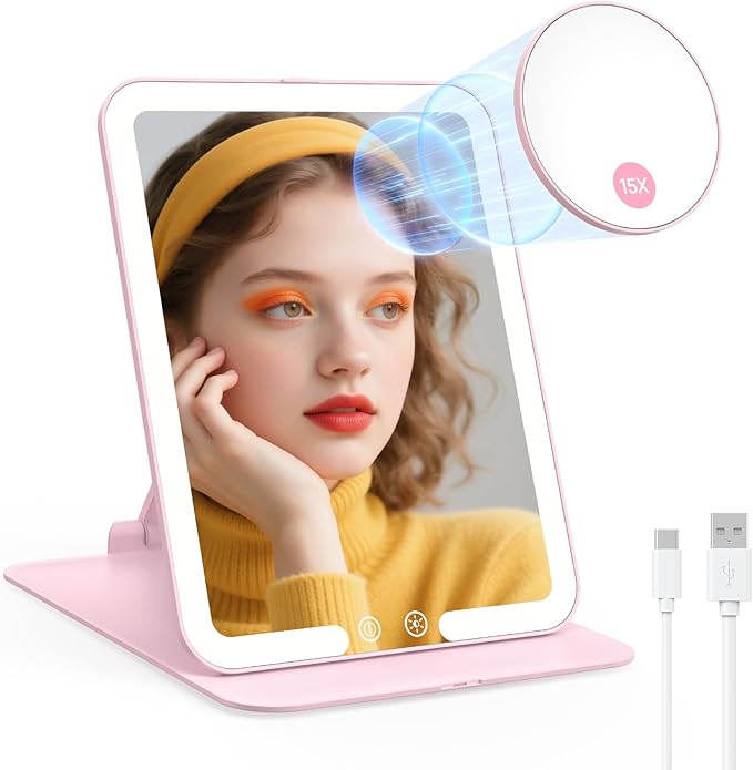 Benbilry Travel Makeup Mirror with Light, 15X Magnifying Mirror & 3 Color Modes, 1800mAh Rechargeable, Adjustable Height/Angle Stand, Foldable LED Vanity Mirror for Tabletop (Pink)
