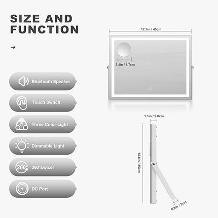 Hasipu Vanity Mirror with Lights and Bluetooth Speaker, 17.7" x 13.8" LED Makeup Mirror with 10X Magnification, Smart Touch 3 Colors Dimmable, Brightness Adjustment, 360° Rotation, White