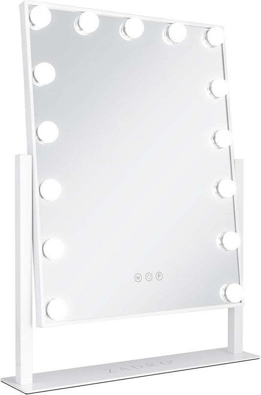 Zadro Hollywood Lighted Vanity Mirror with 15 LED Bulbs, 3 Color Light Settings, 360° Rotation Makeup Mirror Head (21" H x 18" W | 1X | White)