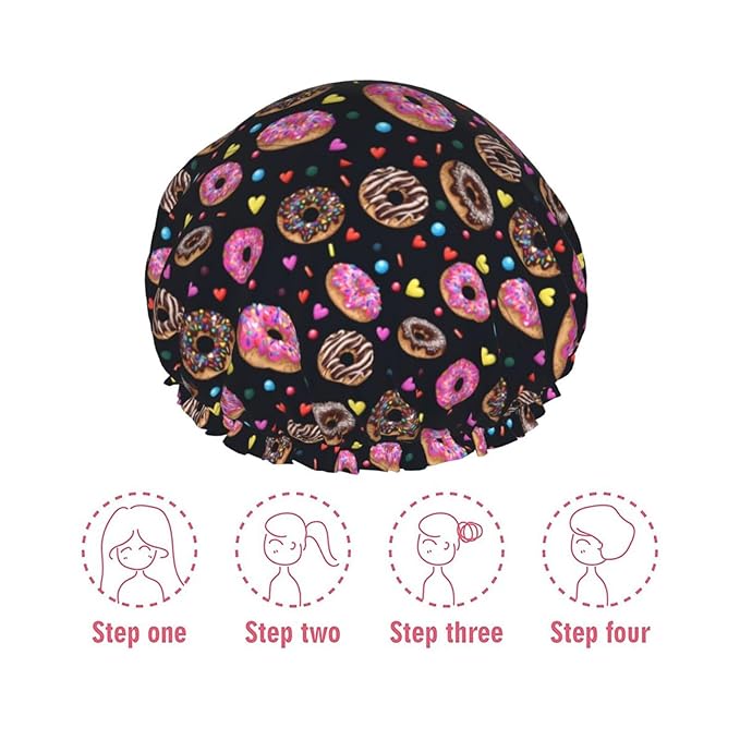Doughnut Donuts Shower Cap For Women Reusable Waterproof Double Layers Bath Cap Hair Protection Elastic Ladies Spa Salon Shower Hat