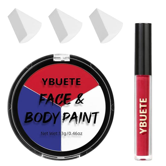 Halloween White Blue Red Face Painting Kit For Joker & USA Flag Makeup, Body Paint for 4th of July Pride Independence Day, Cosplay, Costume, Theme Parties and SFX Special Effect