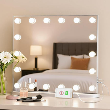 LUXFURNI Hollywood Glamour Vanity Mirror with 4 Extra Bottom Bulbs | Shadow-Free, Perfect Makeup View | Desk & Wall Mountable | 3 Color Modes for Office, Outdoor, Party Looks | USB Charging