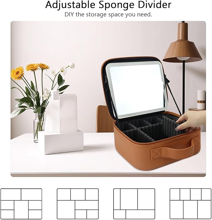 Travel Makeup Bag with LED Mirror Travel Makeup Organizer with 3 Lighted Settings, Adjustable Dividers and Makeup Brush Storage Bag Orange-Brown