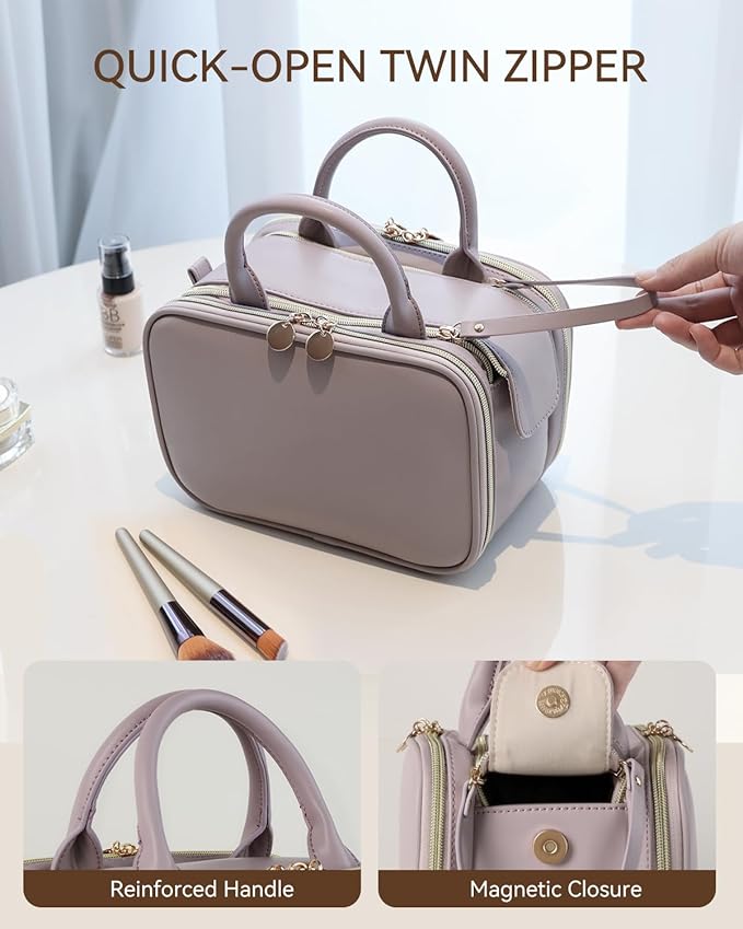 Prite Makeup Bag for Women, Large Capacity Waterproof Travel Cosmetic Organizer, Portable Open Flat Toiletry Bag with Free-standing Brush Holder and Handle(Purple Meidum)