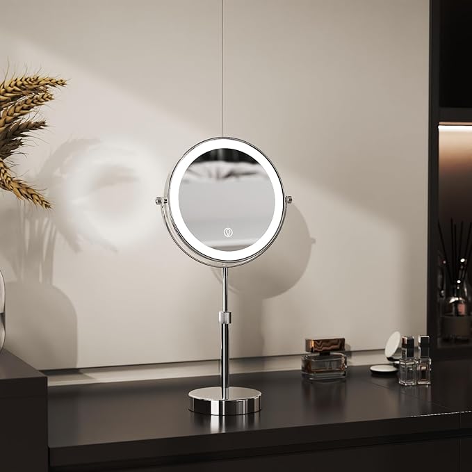 Nicesail LED 7X Make up Mirror of 8 Inch, 4000 mAh Rechargeable Mirror with Light of 3 Colors, Brightness Adjustable, Height Adjustable, Double Sided in Chrome Finish (8 Inch, 7X)