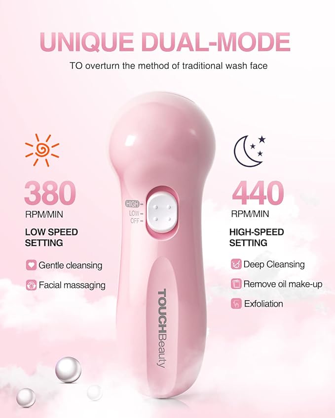 Electric Facial Cleansing Brush for Women, 3-in-1 Face Cleanser and Exfoliator Brush with 3 Brush Heads, 2 Speeds, Waterproof Spin Brush, Travel Size Case (Pink, Battery Operated)