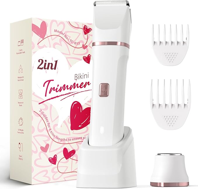 Pubic Hair Trimmer Women - 2-in-1 Electric Bikini Shaver & Facial Hair Remover, Waterproof Body Groomer with Ceramic Blades, USB-C Fast Charging Dock, Cordless Razor for Women's Sensitive Skin (White)