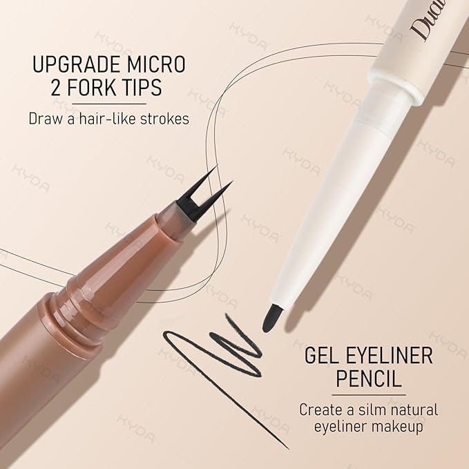 KYDA Microblading Eyebrow Pen, Dual-Ended Eyebrow Pencil with 2-Fork-Tip & Gel Eyeliner for Women, Eye Brow Pen with Gel Eyeliner, Microblading Eye Brow Pencil with Hair Like Strokes, Black