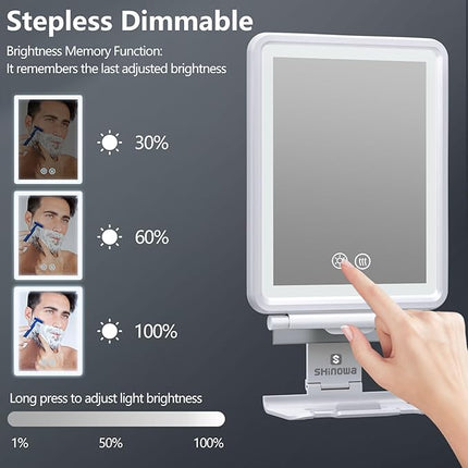 Heated Shower Mirror Fogless for Shaving, 3 Colors Stepless Dimmable Lights Fogless Mirror for Shower, Rechargeable Anti Fog Shaving Mirror for Shower with Razor Holder, Light Memory Function, White