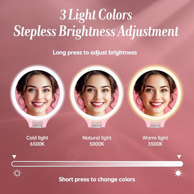 Luxspire Magnifying Mirror with Light, 10X / 1X Double Sided Makeup Mirror, Portable Travel Makeup Mirror with 3 Color Lights and Magnification, Foldable Handheld Lighted Mirror, Pink