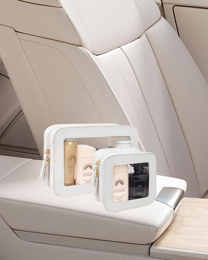 2 Pcs Travel Clear Makeup Bag Set, Clear White Makeup Organizer with Zipper Leather Travel Bags for Toiletries Small Cosmetic Bags for Women Mini Make up Pouch Toiletry Bags Car Essentials