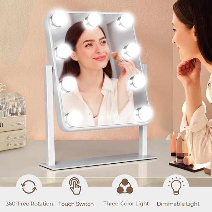 Hollywood Vanity Mirror with Lights,Tabletop Makeup Mirror with 9 LED Lights Smart Touch Control 3 Colors Light 360°Rotation Detachable 10X Magnification