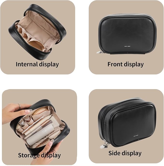 RIGHT AWAY Small Makeup Bag for Purse,Travel Cosmetic Bag Organizer for Women,Cute Make Up Pouch Waterproof Toiletry Bag with Zipper,Portable Makeup Case Skincare Bag for Travel Accessories(Black)