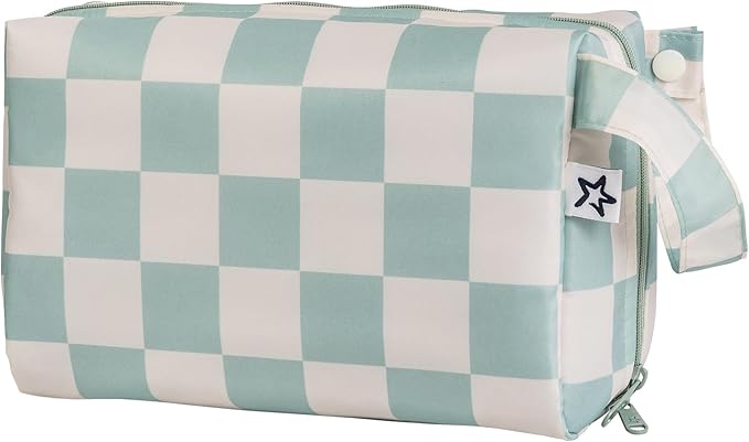 Tiny Twinkle Portable Waterproof Makeup Bag | Travel-Friendly Cosmetic Organizer with Convenient Carry Handle | Spacious Interior, and Secure Zipper Closure (Sage Checkers)