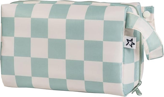 Tiny Twinkle Portable Waterproof Makeup Bag | Travel-Friendly Cosmetic Organizer with Convenient Carry Handle | Spacious Interior, and Secure Zipper Closure (Sage Checkers)