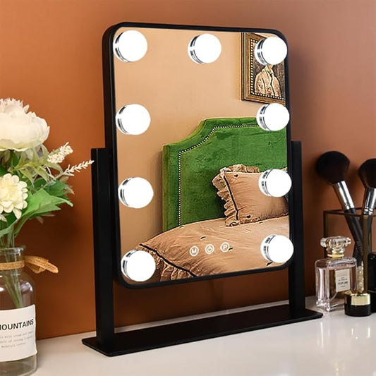 Lighted Vanity Mirror with Lights, 14.2"L x 12"W, Black, Tabletop Mount, Modern Style, Dimmable, Touch Control, Color Changing, Perfect for Bedroom & Dressing Room