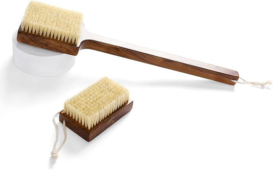 Luxury Natural Walnut Wood Boar Bristle Body Brush | Exfoliating & Detoxifying for All Skin Type | Sweeps Away Dead Skin Cells for Luminous, Smooth Skin | for Wet and Dry Use (Body Brush Set)