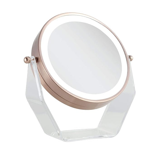 Zadro LED Lighted 8X/1X Magnification Two-Sided Swivel Acrylic Base Vanity Makeup Mirror for Bedroom, Bathroom and Tabletop in Rose Gold