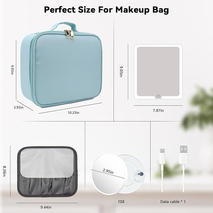 Travel Makeup Bag with LED Mirror and 10x magnifying glass with 3 Lighted Settings, Adjustable Dividers and Makeup Brush Storage Bag Light Blue