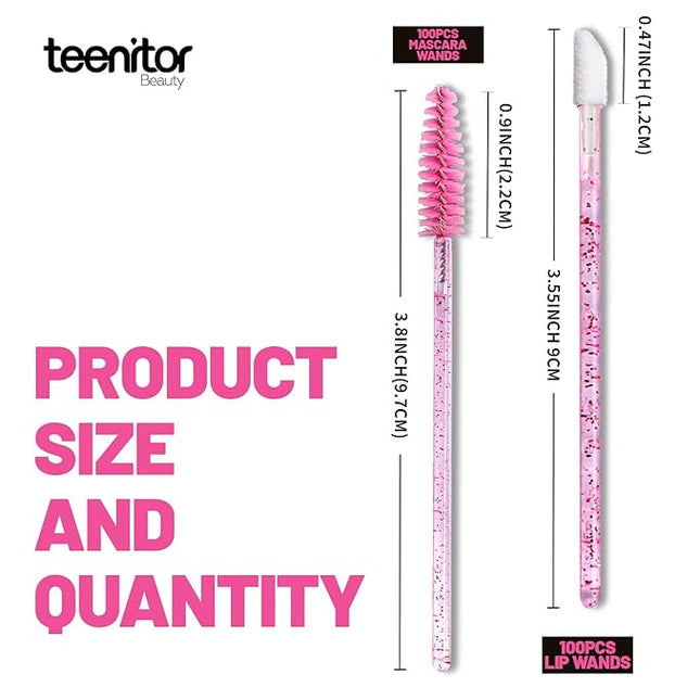 Teenitor 200pcs Lip Applicators Disposable and Mascara Wands, 100pcs Lip Wands, 100pcs Disposable Mascara Wand, Crystal Pink