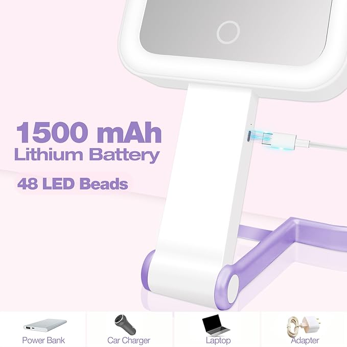 Portable Travel Makeup Mirror with Lights, Double Sided 1X/10X Magnifying Mirror, 3 Color Adjustable Lighting Touch Screen, Rechargeable Lighted Beauty Mirror, Tabletop Handhold Hanging (Purple)