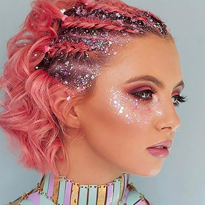Mysense Pink Body Glitter Stick, Singer Concert Outfit Face Glitter Makeup, Festival Rave Pride Accessories, Hair Glitter Gel for Kids Women, Sparkling Mermaid Sequin Chunky Glitter Face Paint, 0.56oz