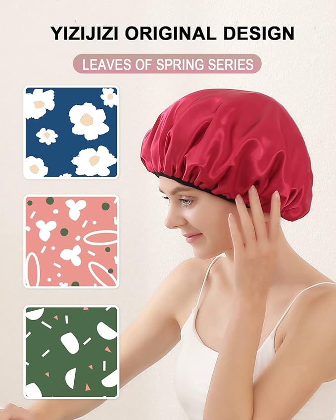 YIZIJIZI Triple Layer Reusable Waterproof Shower Cap for Women Large Terry Lined Hair Cap for Long Thick Hair Travel Bath Care Red