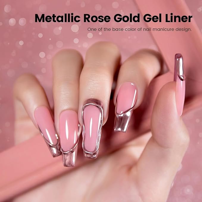 RARJSM Metallic Chrome Gel Liner Nail Art 3D Mirror Silver and Rose Gold Effect Gel Nail Polish 8ml Painting Build in Thin Brush Metal Painted Drawing Striper Gel Polish Curing Requires for Home Salon