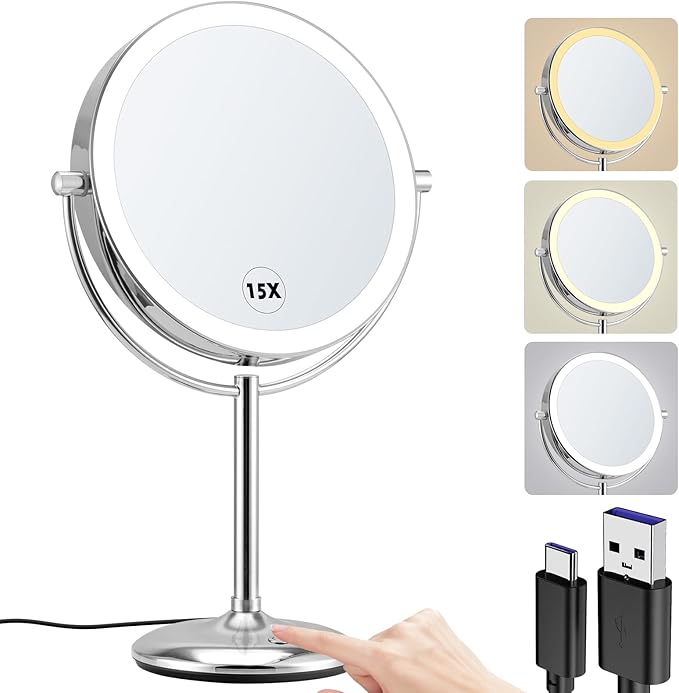 15x Makeup Mirror with Light, Lighted Vanity Mirror with 3 Color Brightness Adjustable, 360°Rotation Double Side Bathroom Mirror -Chrome