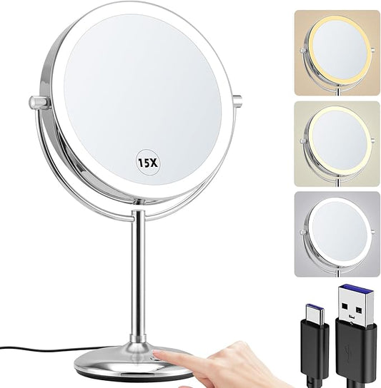 15x Makeup Mirror with Light, Lighted Vanity Mirror with 3 Color Brightness Adjustable, 360°Rotation Double Side Bathroom Mirror -Chrome