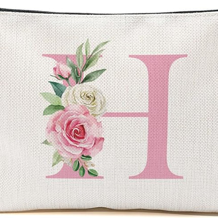 Pink Monogram Makeup Bag, Initial H, Cosmetic Bag Personalized Travel Organizer Bags Makeup Pouch, Monogrammed Gifts for Women Girls Friend Sisters Nurse Bridesmaid Wedding Bridal Shower Gifts