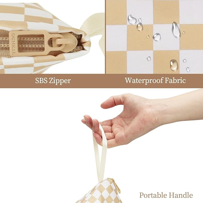 Ethereal Small Makeup Bag, Checked Travel Makeup Bag with Makeup Brush Holder, Cosmetic Bag Black Make up Pouch for Women/Girls