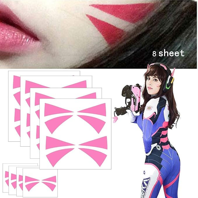 Cosplay Face Temporary Tattoos, 12 Tattoos Overwatch DVa Face Tattoo Stickers 2 Sizes Pink