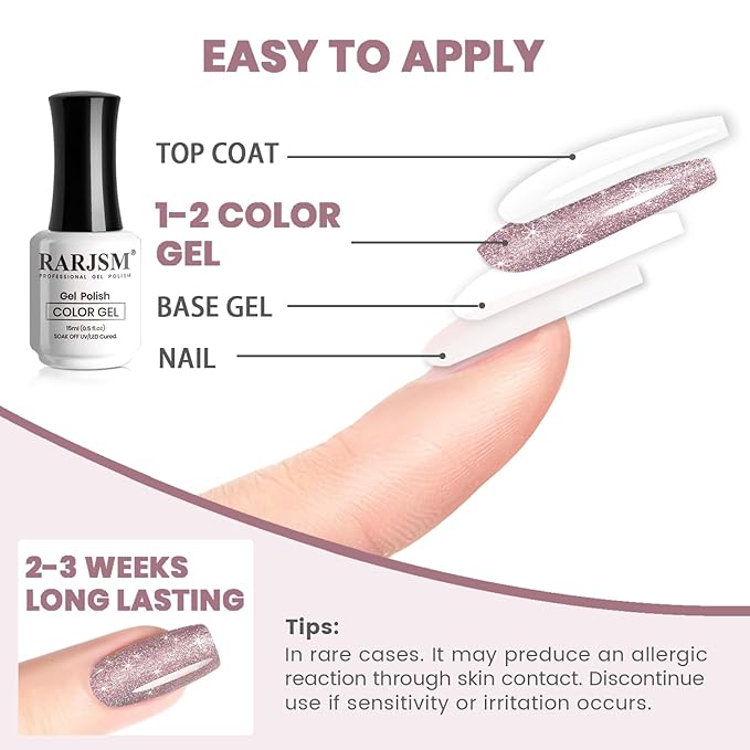 RARJSM Glitter Gel Polish Metallic Rose Pink Shiny Diamond Sparkly Holographic Iridescent Chunky Purple Pink Pigments Nail Gel Polish Soak off L e d U V Curing Required for Nail Art Salon Manicure