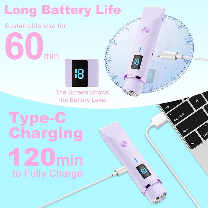 Bikini Trimmer for Women, 2 in 1 Electric Razors for Women Pubic Hair, IPX7 Waterproof Dual Head Bikini Shaver with LED Display, Rechargeable Electric Trimmer (Purple)