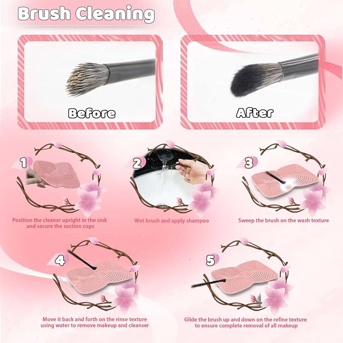Silicone Makeup Brush Cleaner Pad with Suction Cup, 8 Textures, Stable, Makeup Brush Cleaning Mat (Pink)