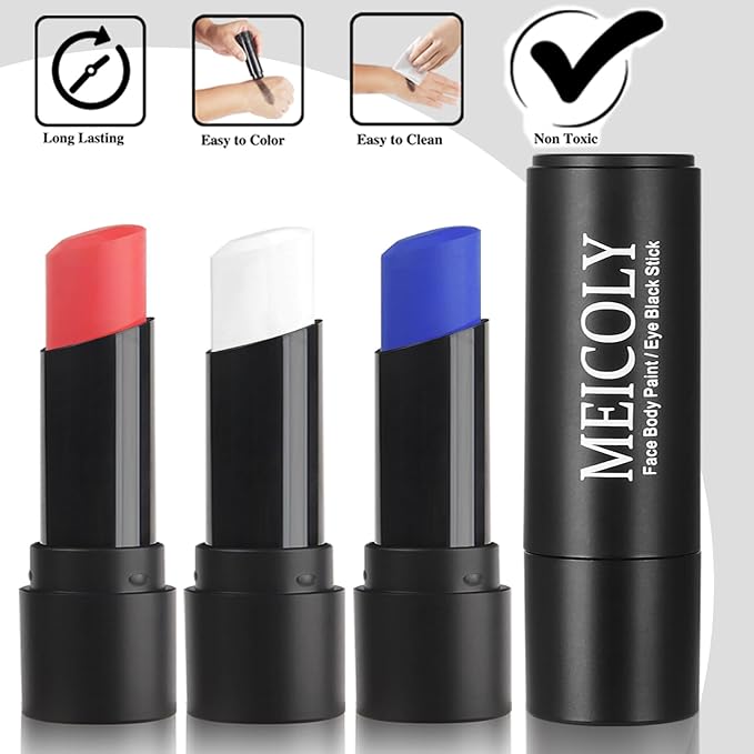 MEICOLY 3Pcs Red White and Blue Face Body Paint Stick,Face Paint for Joker Makeup,Face Painting for Halloween SFX Clown Devil Spiderman Cosplay,Red White and Blue Eye Black,4th of July Accessories