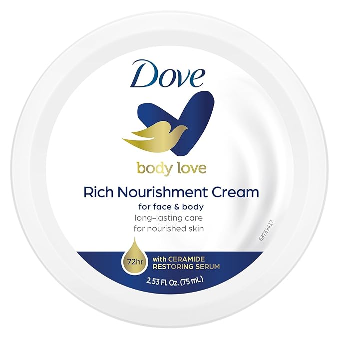 Dove Body Love Rich Nourishment Cream, Face, Hand & Body Lotion for Extremely Dry Skin, Fast-Absorbing 72-Hour Moisturizing Cream with Ceramide Serum, Travel Size, 2.53 Oz