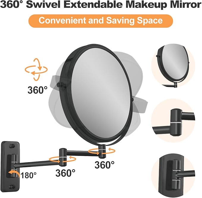 8" Wall Mounted Magnifying Makeup Mirror, 1X/10X Double-Sided Shaving Mirror with 360° Swivel & Extendable Arm for Bathroom Vanity, Black - No Light