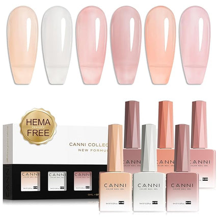 CANNI Jelly Gel Nail Polish Set – 6 Sheer Colors (Milky White, Light Pink, Nude Peach), 9ML Each, Transparent Soak Off UV LED HEMA-Free Manicure Gel for Women