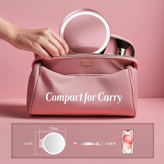 Luxspire Magnifying Mirror with Light, 10X / 1X Double Sided Makeup Mirror, Portable Travel Makeup Mirror with 3 Color Lights and Magnification, Foldable Handheld Lighted Mirror, Pink