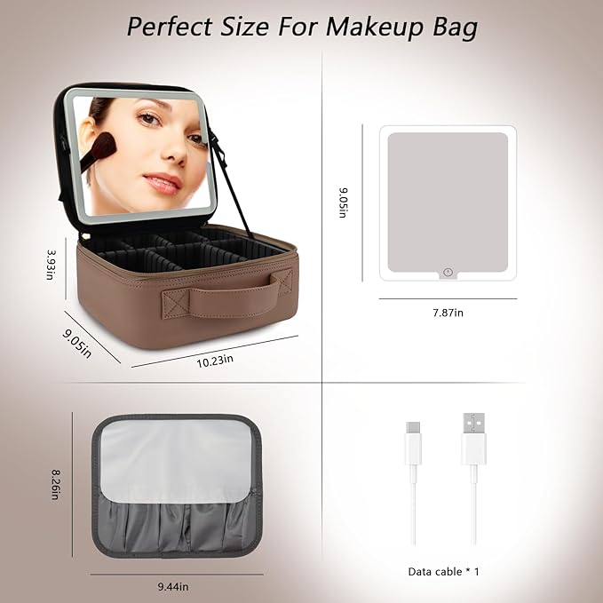 Travel Makeup Bag with LED Mirror Travel Makeup Organizer with 3 Lighted Settings, Adjustable Dividers and Makeup Brush Storage Bag Mocha