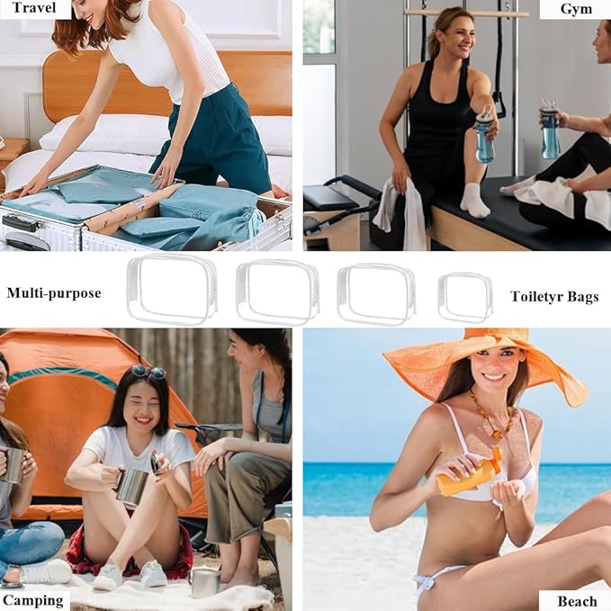 4 Pack Clear Makeup Bags, TSA Approved Toiletry Bag Car Organizer Travel Cosmetic Case Portable Travel Essentials Bags for Toiletries Clear Summer Beach Bag Carry on Airport Airline Compliant Bag
