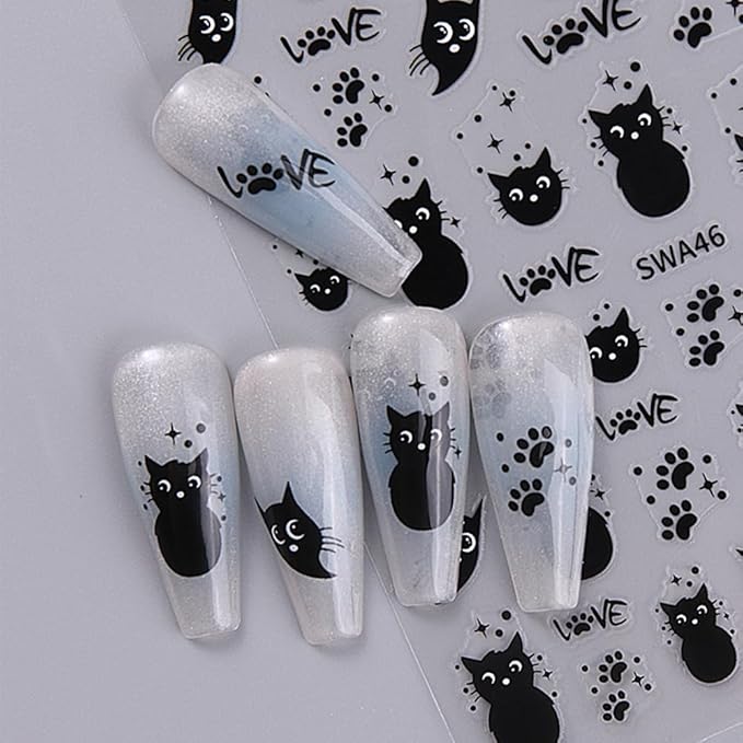 Cat Nail Sticker Black Animal Nail Decals 4Pcs Self-Adhesive 3D Cute Stickers Kawaii Cartoon Animal Self-Adhesive Nail Decals Black Nail Stickers for Nail Art Supplies for Women Nail Art Decorations