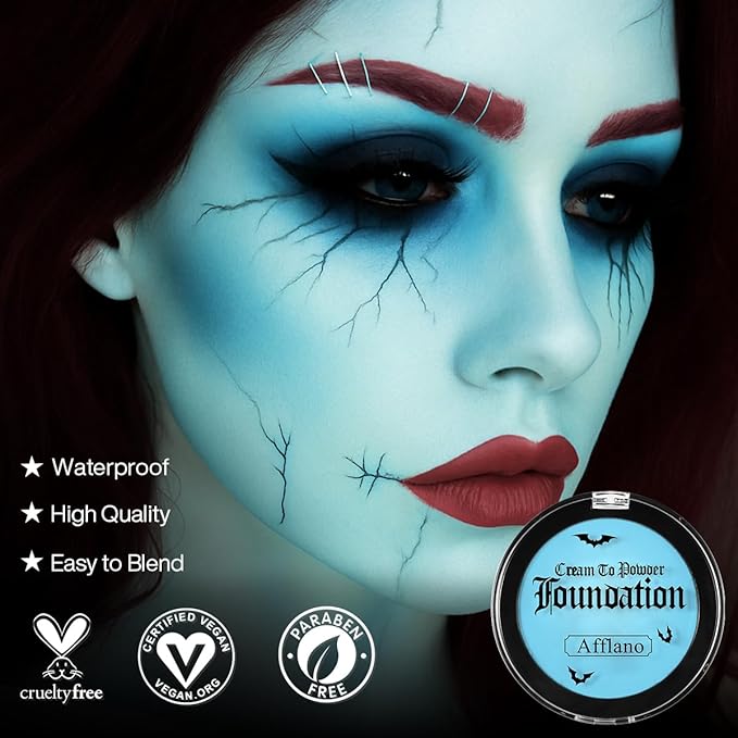 Light Blue Face Body Paint Cream to Powder Foundation Makeup, Professional Blue Cream Face Painting for Kids & Adults, Greasepaint for Halloween FX, Theater, Sally Makeup, Corpse Bride, Smurf, Cosplay