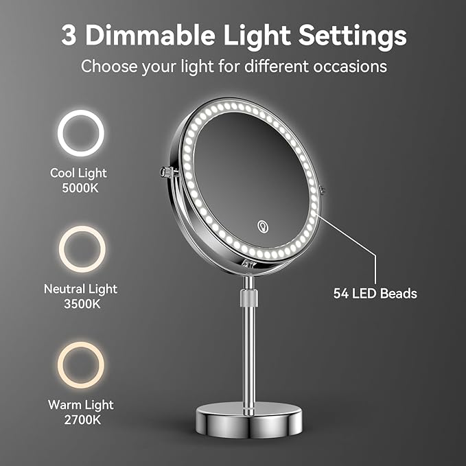 Nicesail LED Lighted Makeup Mirror Tabletop, 10X Magnifying Mirror with 3 Color Lights, Brightness Adjustable Height, Light up for Desk Make up Vanity Table, Double Sided Chrome Finish (8 Inch, 10X)