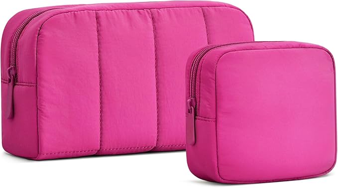 oscaurt 2 Pcs Makeup Bag Travel Toiletry Bag for Women Puffy Padded Cosmetic Pouch Purse Wide-open Makeup Organizer Case Travel Essentials